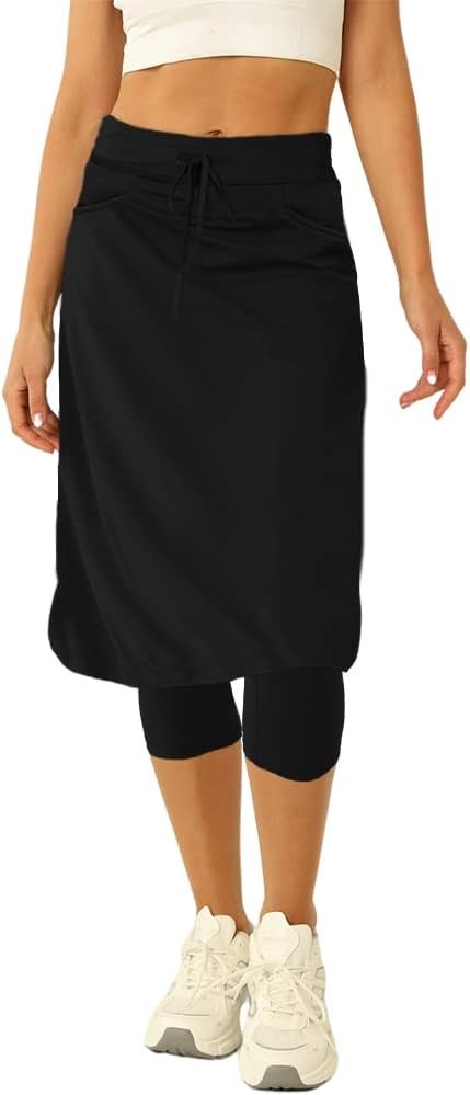 Women 20″ Knee Length Tennis Skirt with Built in Legging Golf Skirts Skirted Legging with Pockets