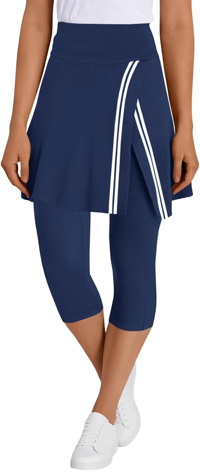 Fisoew Women Skirted Leggings Contrast Tennis Athletic Wrap Skirt with Capris Leggings Pockets for Golf Pickleball