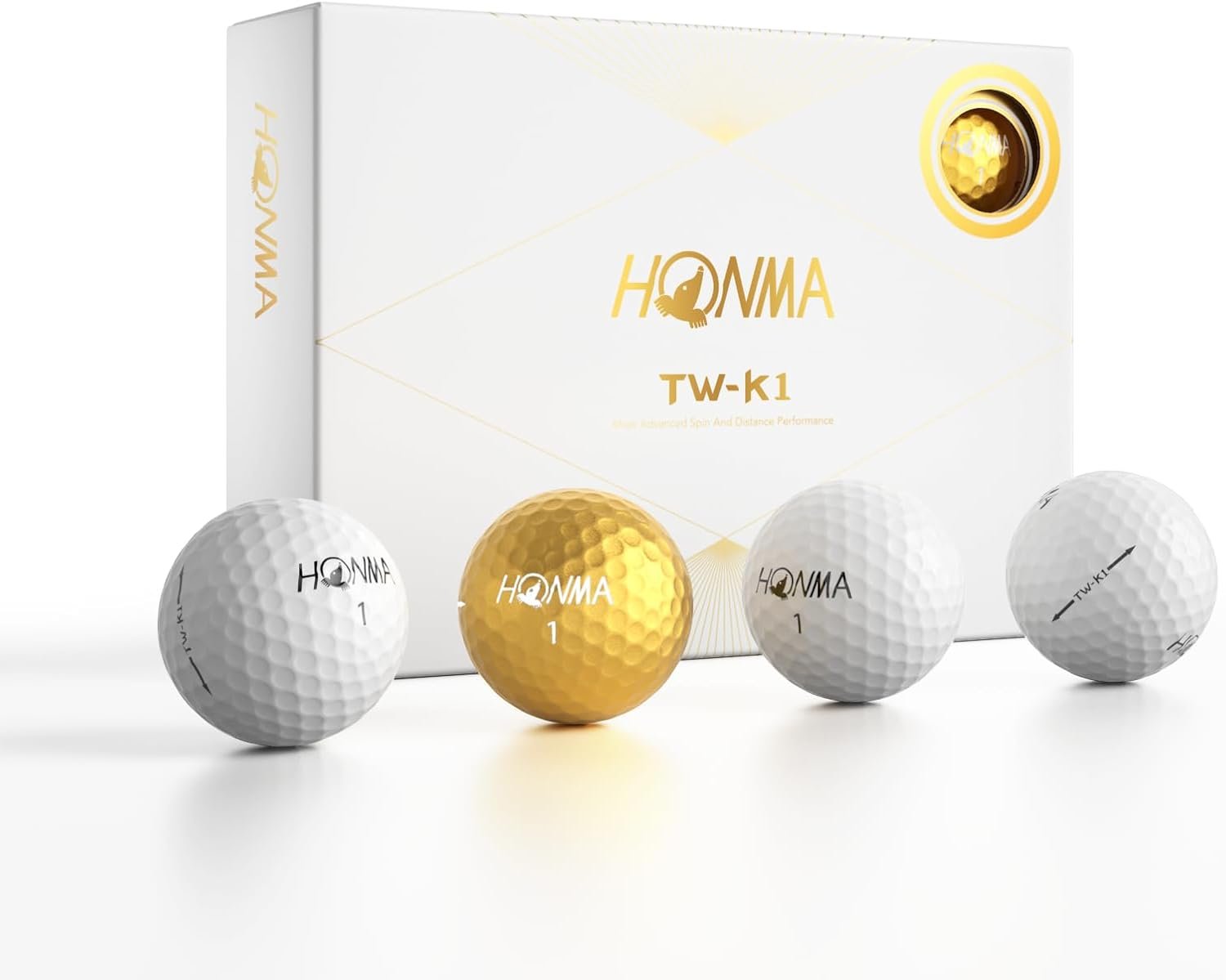 Honma TW-K1 Premium 3-Piece Golf Balls (1 Dozen),1 Exclusive Gold Ball + 11 White, Tour-Level Performance with Urethane Cover, Aerodynamic Dimples for High Launch & Greenside Precision,for Men Women