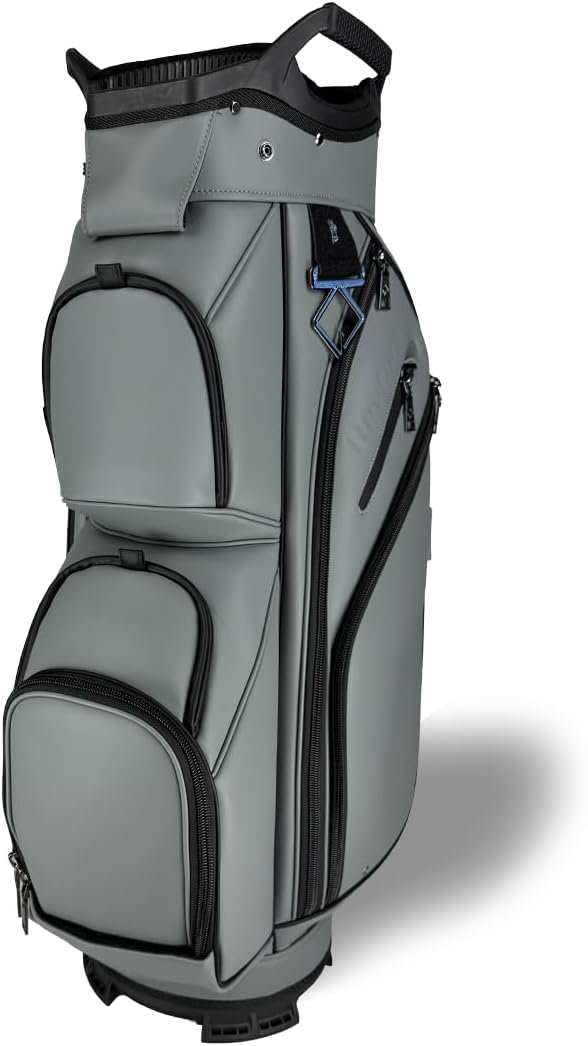 REVCORE Upgraded Luxury Golf Cart Bag, Premium Synthetic Leather, 15 Way Dividers, Black Alloy Hardware, 9 Pockets | 2 Magnetic, 2 Insulated Cooler, 2 Felt-Lined Valuable & Oversized Putter Well