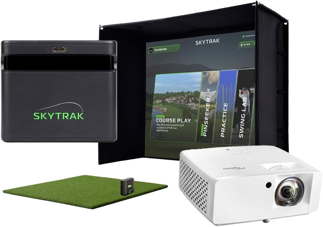 SkyTrak ST MAX Golf Simulator Standard Studio Package – Complete Home Simulator with Launch Monitor, Enclosure, Screen, 5×5 Hitting Mat, ZW350ST Projector & Trial Software – Indoor Golf