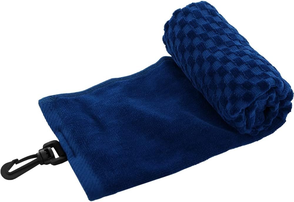 Cotton Golf Towel for Bag With Clip – Tri-fold Towel for Ball, Putter, Club Cleaning – Checkered Pattern Design (Dark Blue)