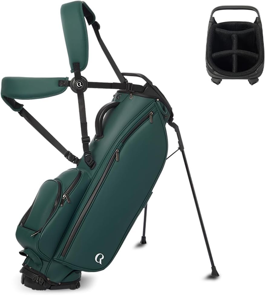 Golf Club Stand Bag PU Leather 5-Way Full Length Top Dividers Waterproof Men Women, Lightweight Multiple 5 Pockets Cooler Pouch Adjustable Detachable Shoulder Dual Straps Rain Cover Hood