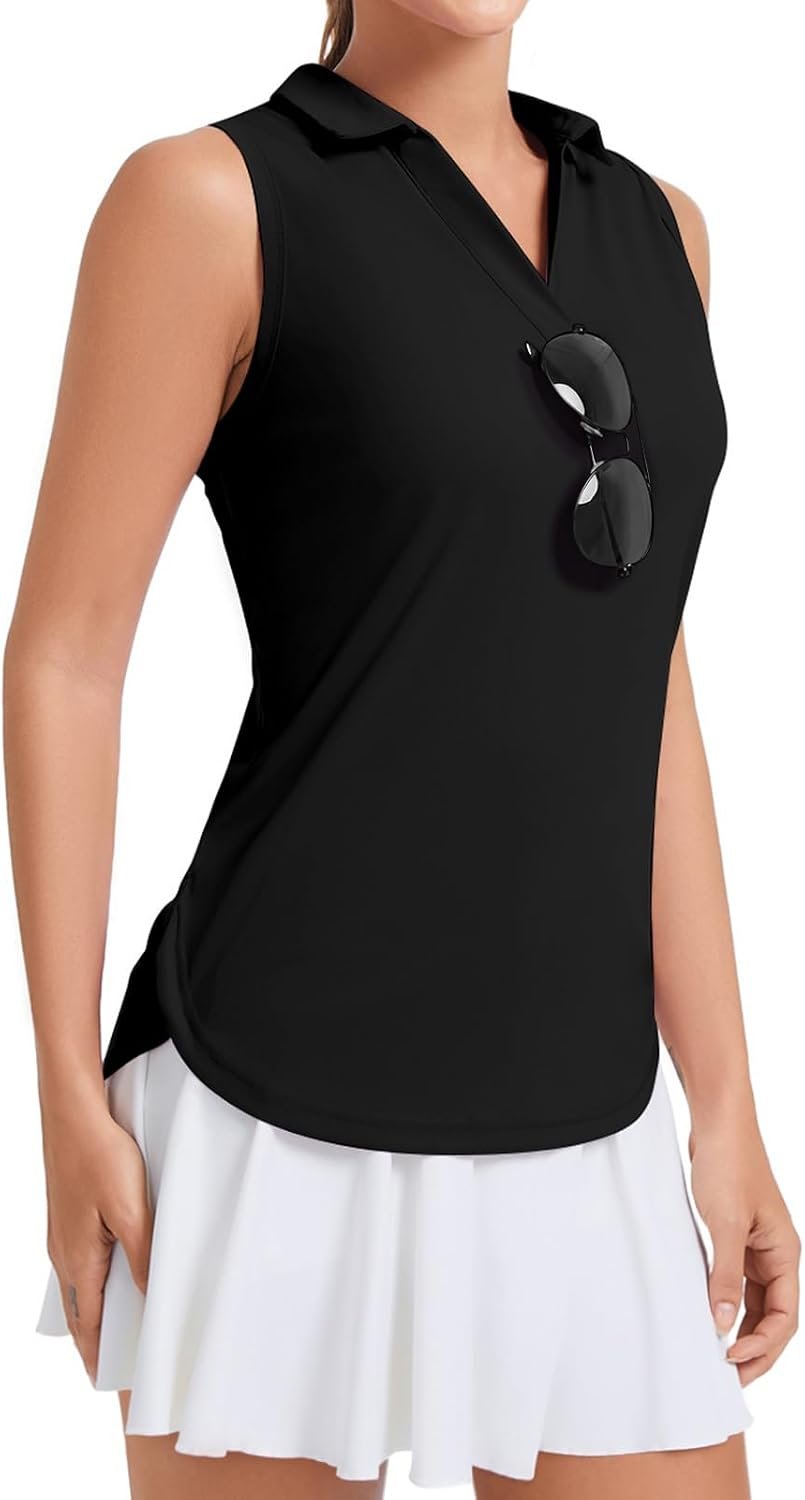 Golf Polo Shirts for Women V Neck Collared Sleeveless Tennis Tops Quick Dry UPF 50+ Sun Protection Work Athletic Tank Top