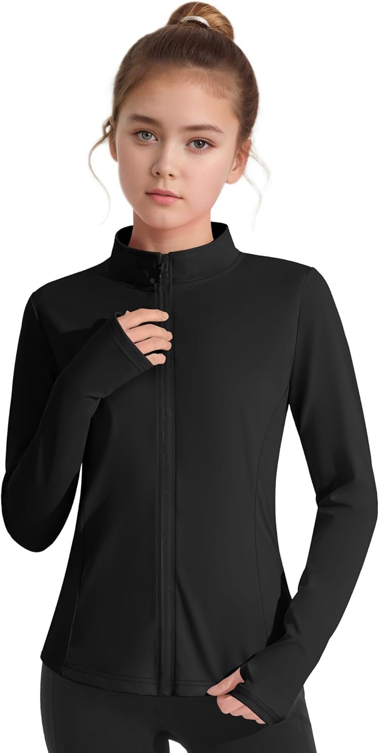 JOCMIC Girls Zip Up Jacket Horse Riding Shirts Kids Athletic Yoga Spring Jackets Outwear Coats