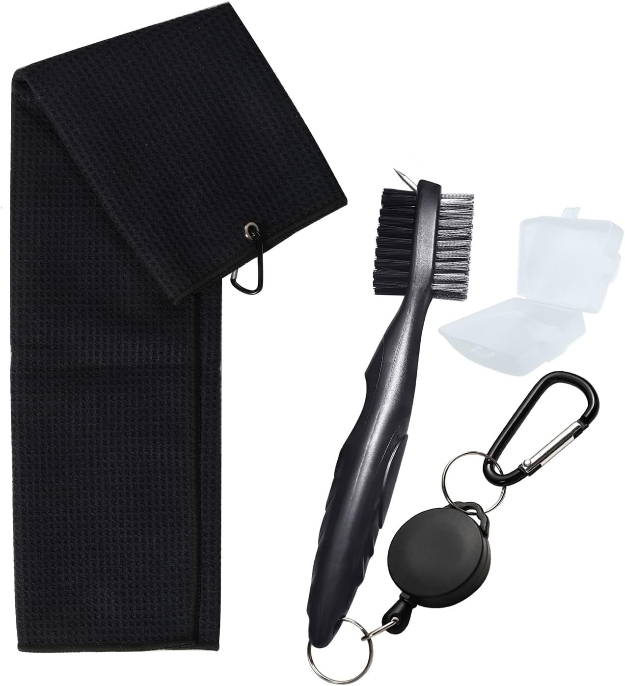 TAO CICADA Golf Towels, Golf Towel and Brush Set, with Microfiber Waffle Design Golf Towel 16″ X 24″ with Hook and Loop Fastenerl and Retractable Zip-line Golf Club Brush (Black)