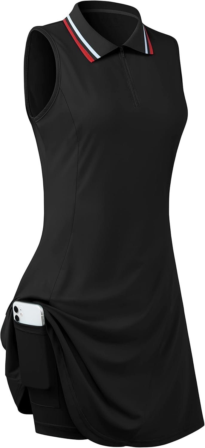 Womens Sleeveless Golf Tennis Dresses with Inner Shorts＆Pockets for Workout Exercise
