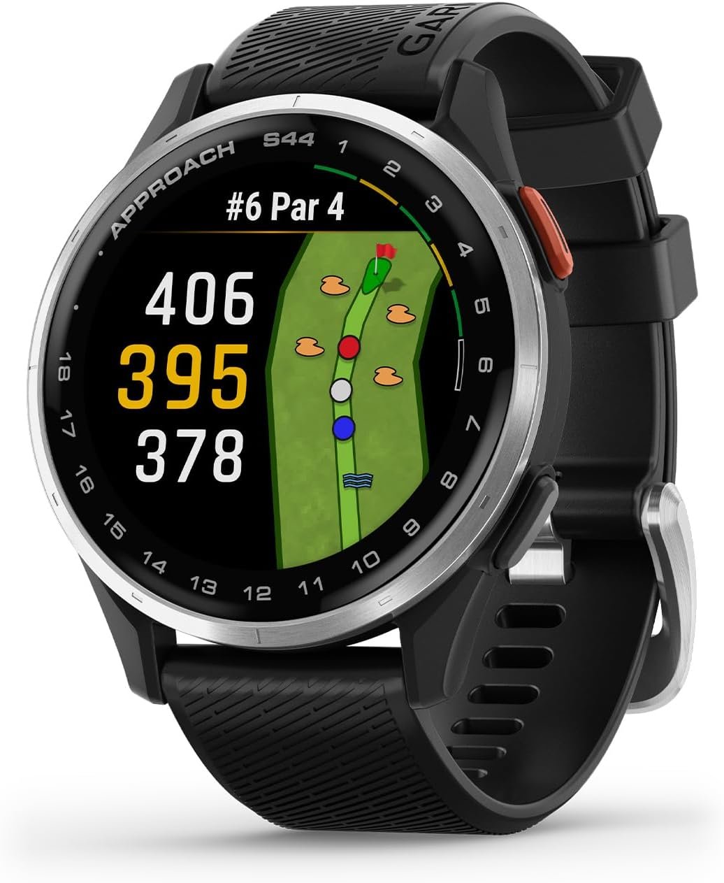 Garmin Approach® S44, Essential Golf GPS Smartwatch, AMOLED Display, On-Course Features, Silver Aluminum Bezel with Black Silicone Band | AMOLED Display, On-Course Features, Aluminum Bezel, Silicone Band