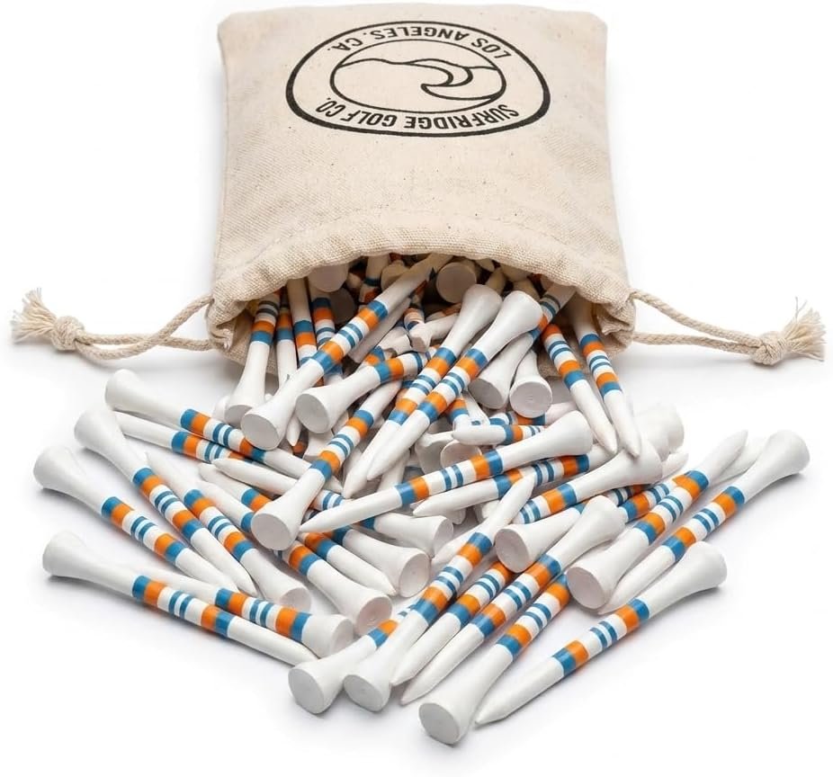 100 Count Bamboo Golf Tees, 2.75 inch, Orange and Blue Striped and Wave Pattern Design, with Canvas Storage Bag