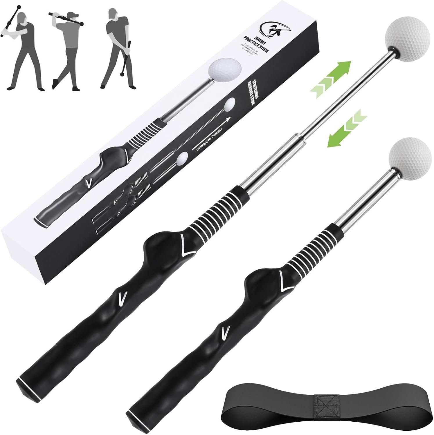 MIKOSI Retractable Golf Swing Trainer, Golf Grip Trainer and Golf Training Aid for Chipping Hitting & Grip Correction, Golf Swing Practice Stick with Arm Band for Right/Left-Handed, Indoor/Outdoor