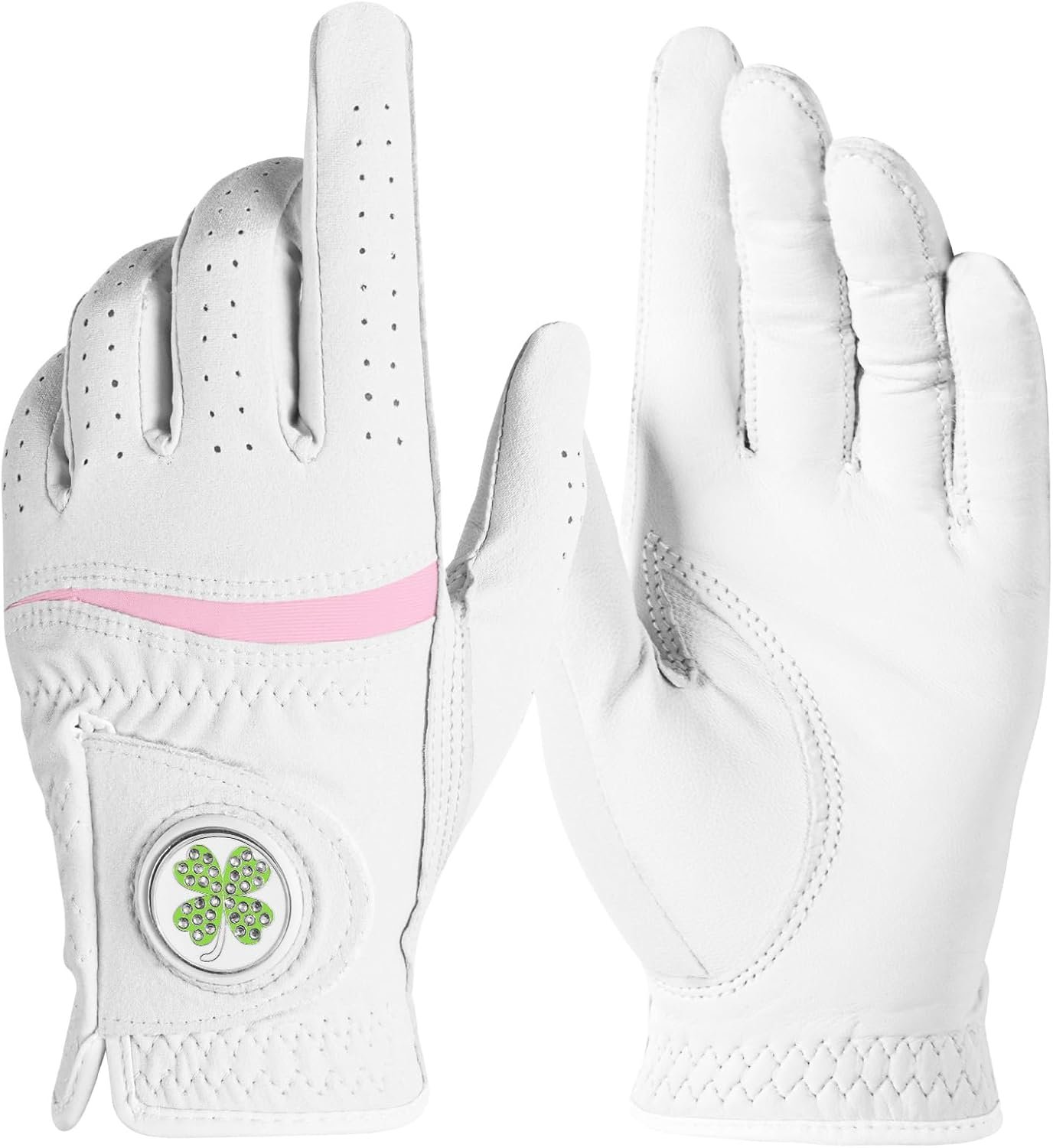 FINGER TEN Womens Golf Glove with Clover Ball Marker 1 Pack, All Weather Grip Microfiber & Leather Gloves for Ladies, Comfortable Breathable Fit for Left Hand or Right Hand in White Pink