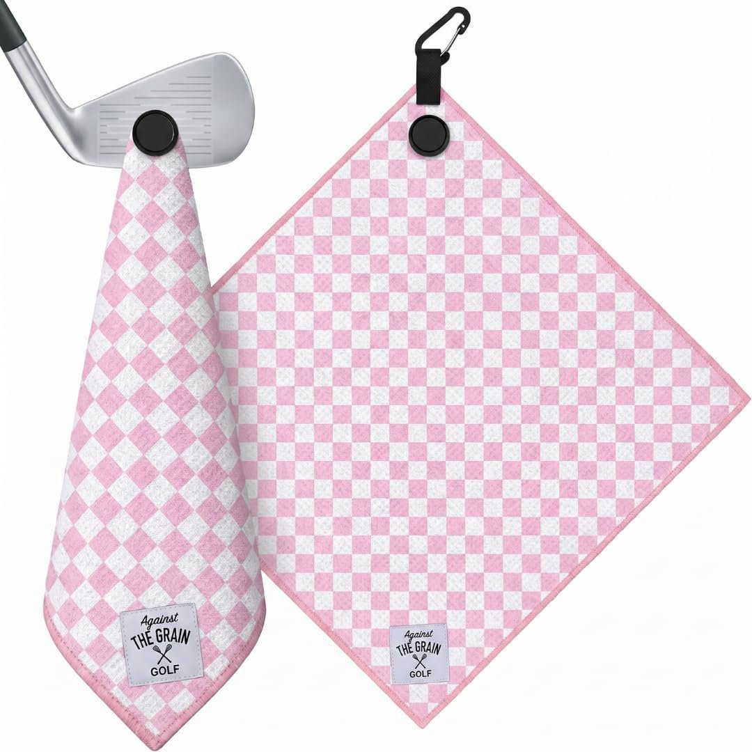 Pink Magnetic Golf Towel for Golf Bags – Green & White Checkered Microfiber Golf Towel with Strong Magnet Clip, Soft Absorbent Waffle Weave, Quick Dry Golf Towel for Women & Golf Cart Accessories