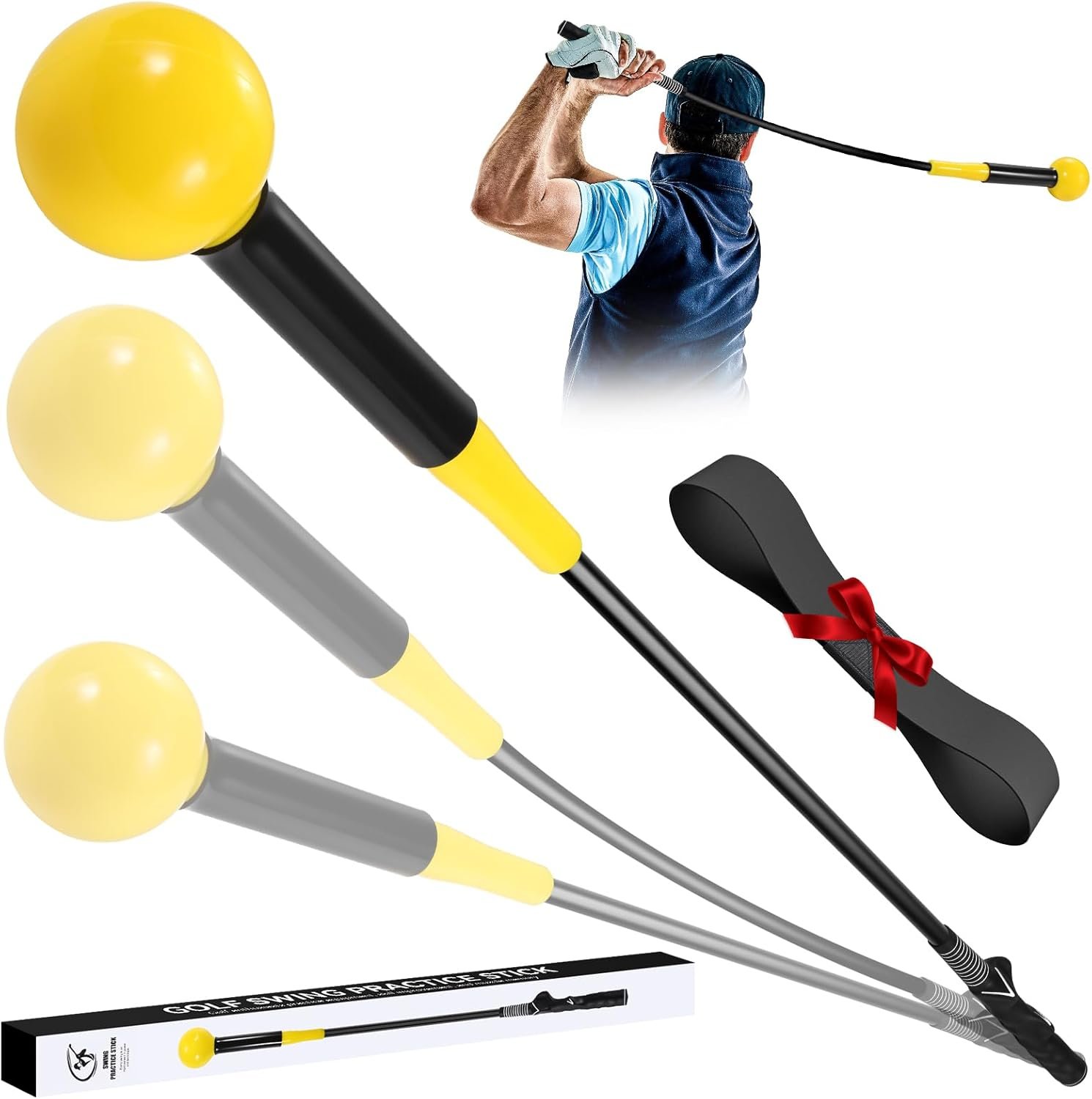 MIKOSI Golf Grip Trainer, Golf Swing Trainer Aid Warm-Up Stick for Strength Grip Tempo & Flexibility Training, Right-Handed Golf Training Aid with Arm Band for Practice Chipping Hitting (Yellow)