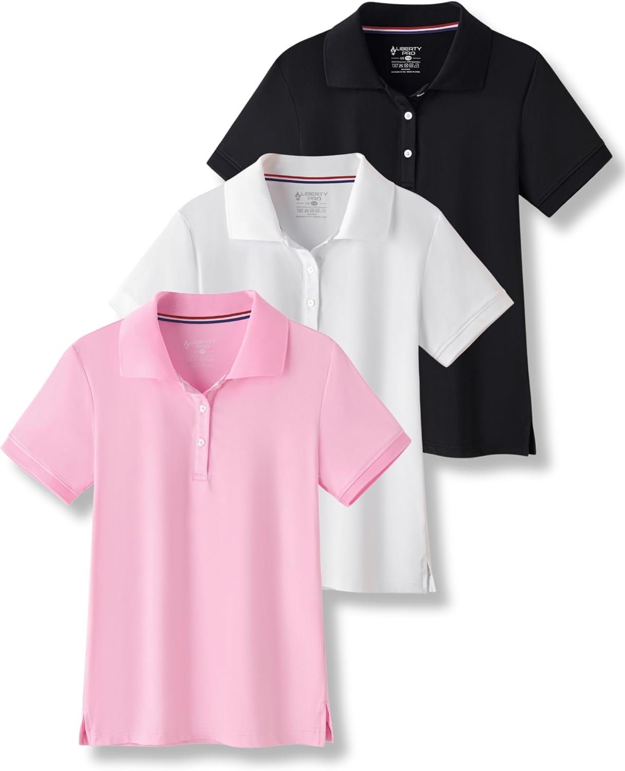 3 Pack Youth Girls’ Performance Polo Shirts, Short Sleeve Pique Collared Kids School Uniform Tops