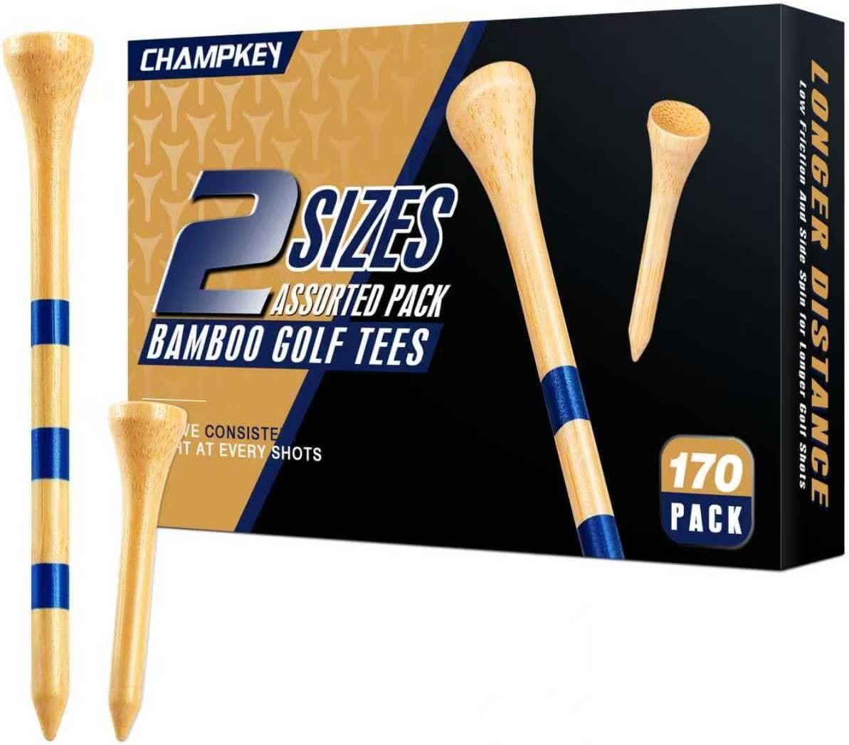 CHAMPKEY Premium Bamboo Golf Tees 170 Pack – 120 Pcs Long Tees with 50 Pcs Short Tees Assorted Pack – Friendly Biodegradable Material Golf Tee
