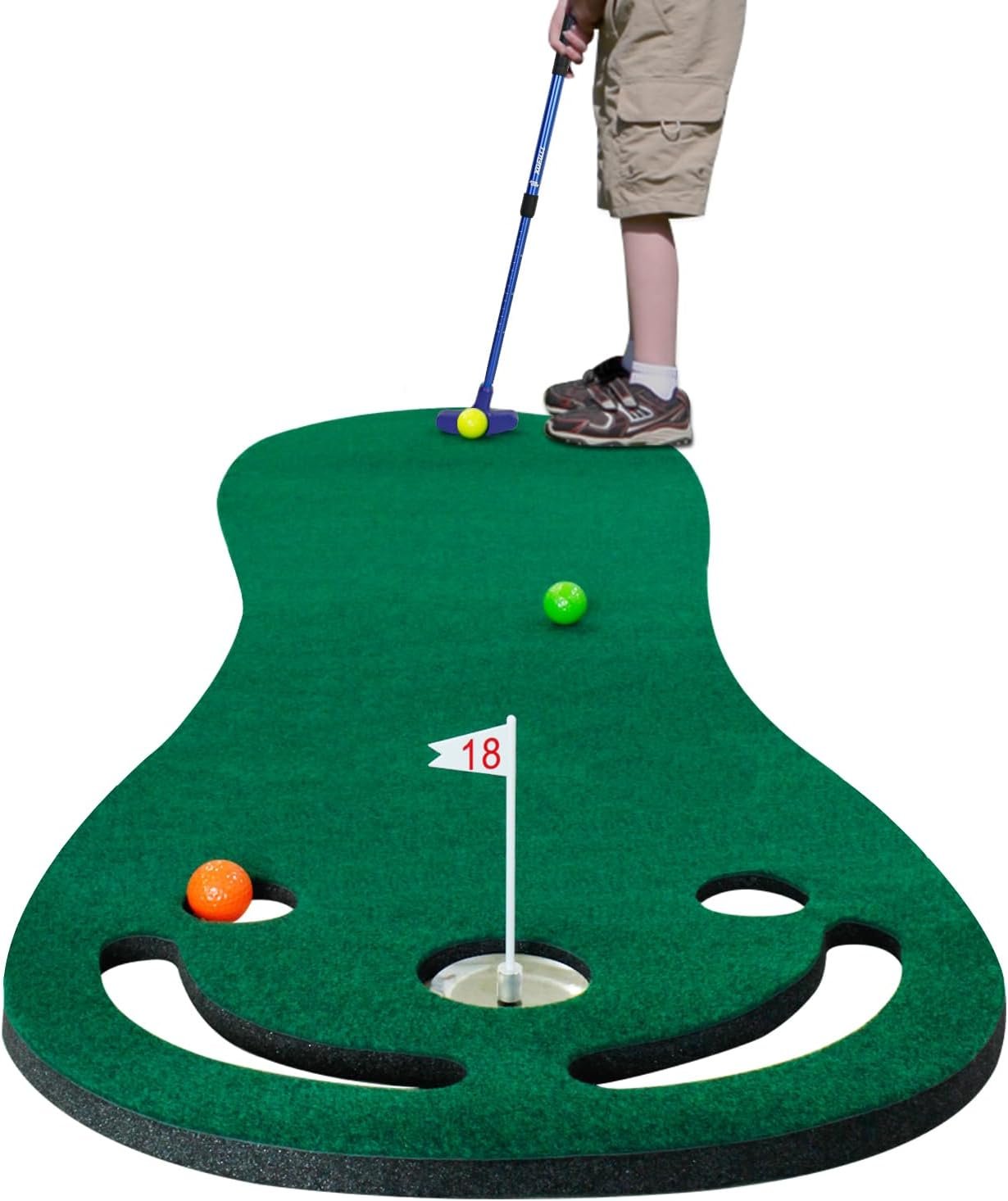 KOFULL Putting Green Mats Set – Indoor/Outdoor Golf Putting Practice or Golf Game with 78″ x 24″ Putting Mat, Adjustable Putter, 3 Balls, Training Aid Cup & Flags