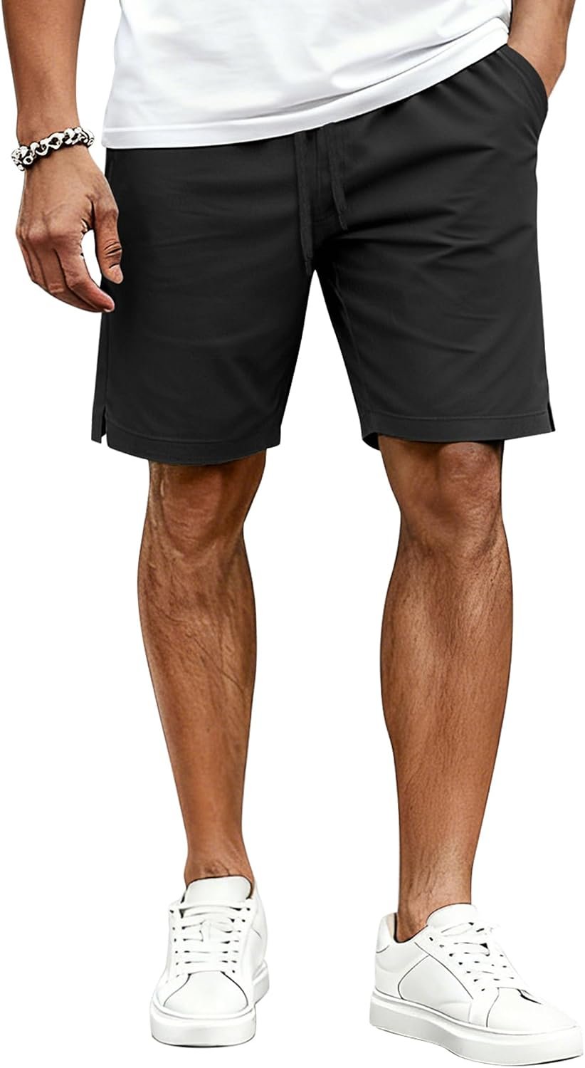 COOFANDY Mens Casual Shorts Cotton Drawstring Elastic Waist Lightweight 9″ Chino Golf Shorts Summer Beach Shorts