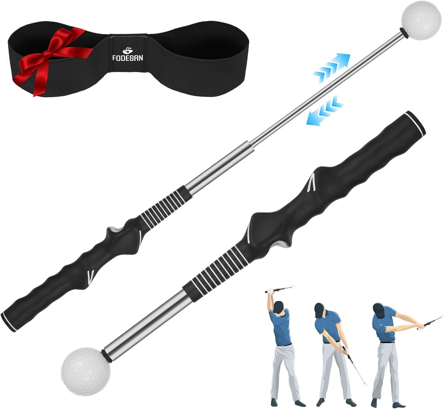5-in-1 Retractable Golf Swing Trainer, Training Aid with Grip Trainer, Grip Correction for Beginners & Tempo Training for Advanced, Click Feedback, Arm Connection, Right/Left-Handed, Indoor/Outdoor