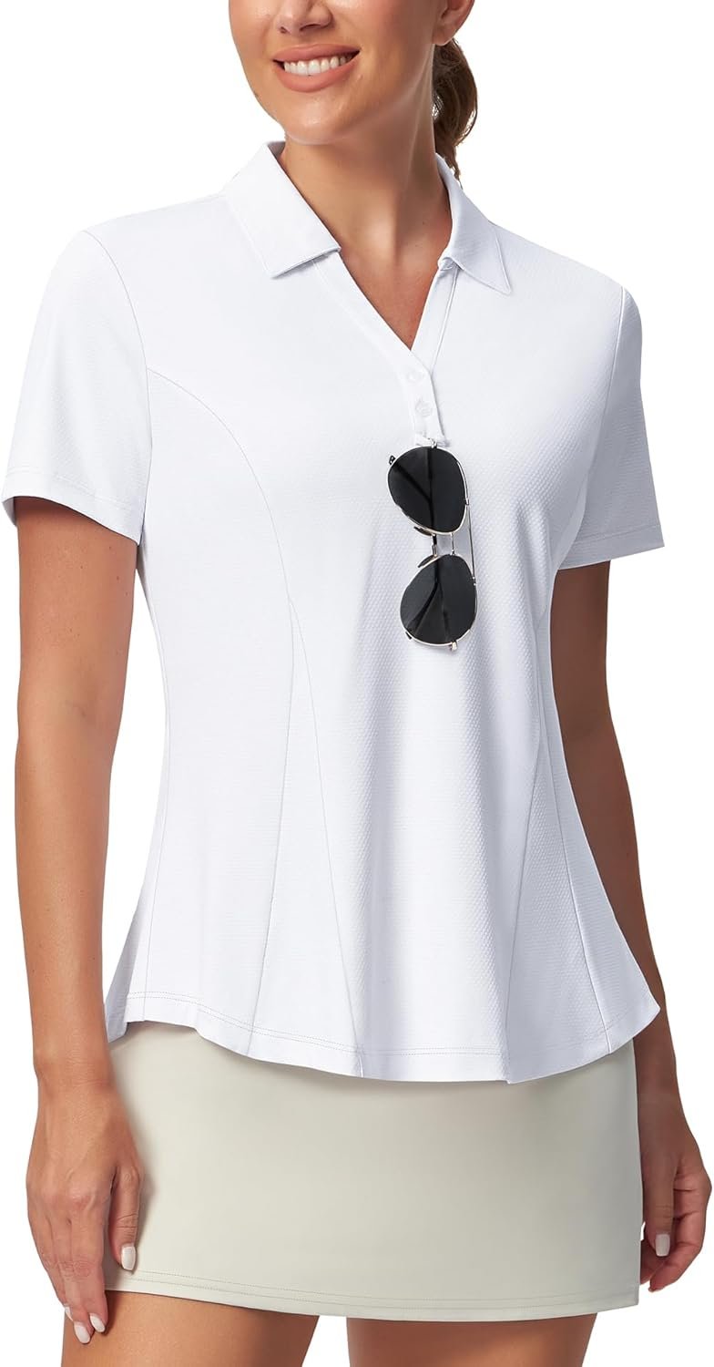 Casei Women’s Golf Polo Shirt with Sunglass Loop, No-Tuck Peplum Tennis Pickleball Top, V-Neck UPF 50+