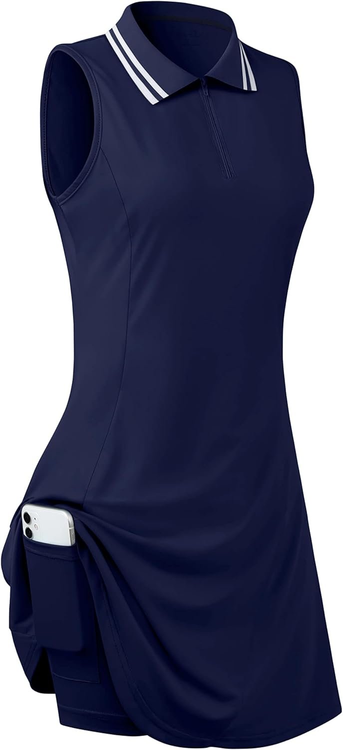 Womens Sleeveless Golf Tennis Dresses with Inner Shorts＆Pockets for Workout Exercise