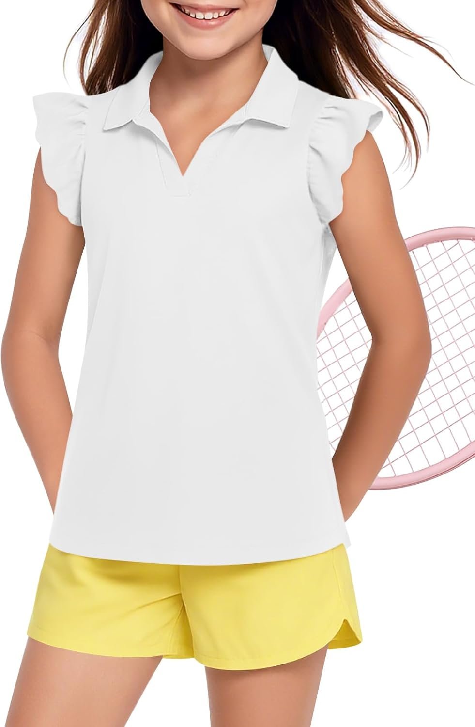 Haloumoning Girls Ruffle Short Sleeve Polo Shirt Kids V-Neck Golf Tennis Shirts Tops School Uniform Tees 5-14 Years