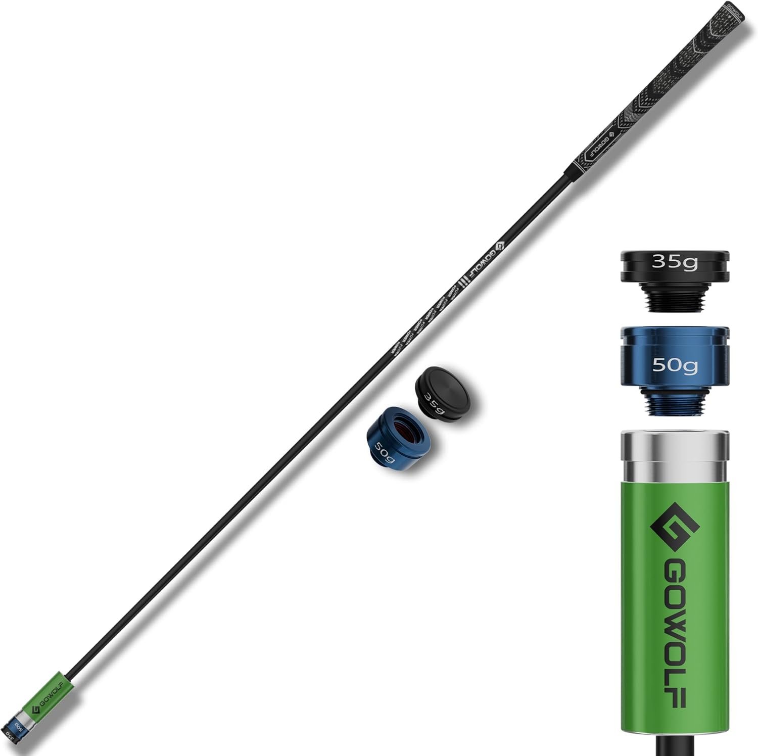 Gowolf Golf Swing Trainer with Adjustable Weights (35g & 50g) – Carbon Fiber Golf Training Aid for Speed, Driving Distance & Tempo, Ideal Warm-Up & Strength Golf Accessories for Men & Women