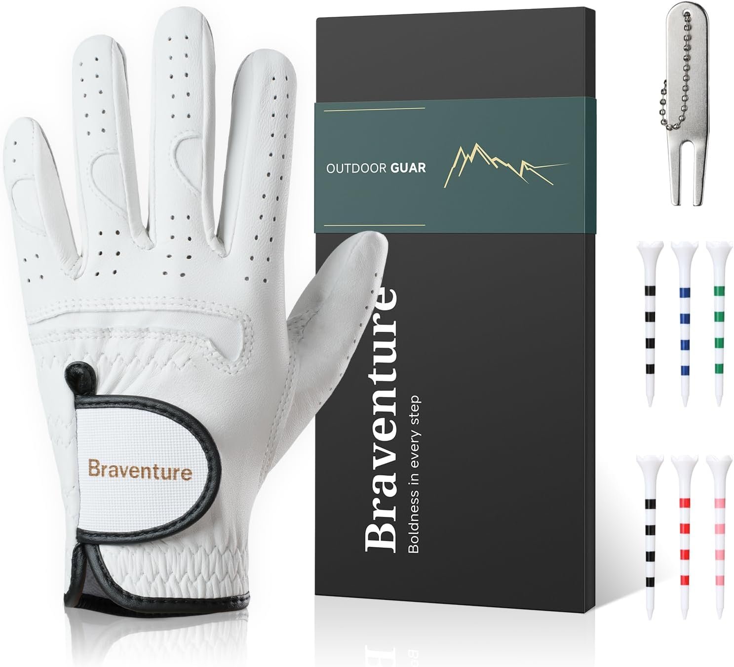Braventure Kids Cabretta Leather Golf Glove – Breathable Washable Junior & Youth Glove for Boys Girls Age 5-13, Starter Set with 6 Tees, Divot Tool & Gift Box