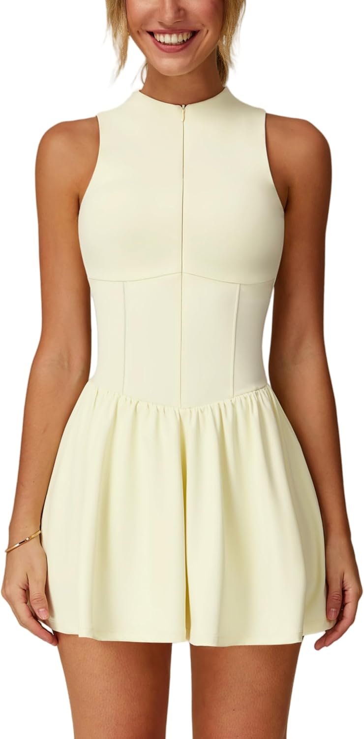 ABOCIW Womens Zip Front Tennis Dress High Neck Sleeveless Workout Golf Dresses Build in Shorts with Pockets