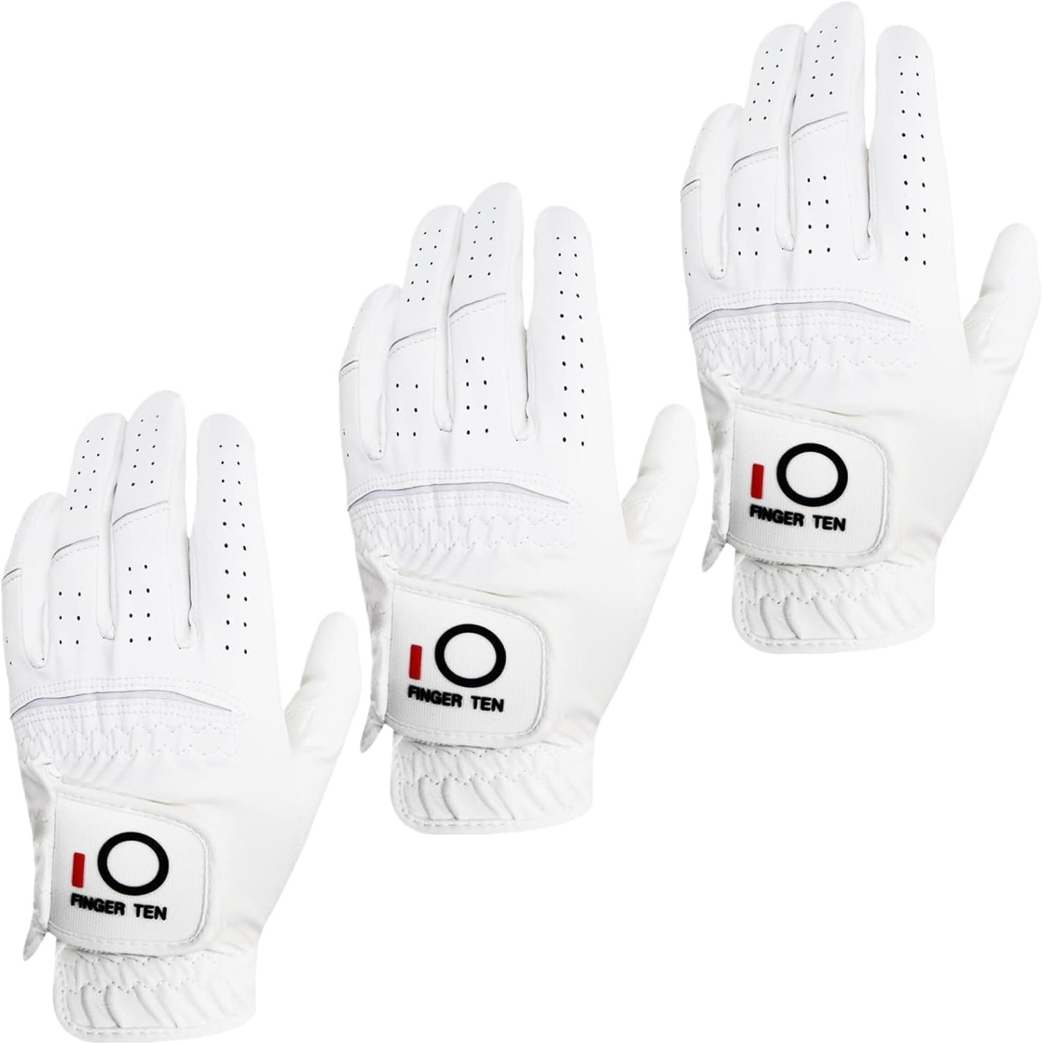 FINGER TEN All Weather Grip Golf Gloves Men Value 3 Pack for Right Handed Golfer, Hot Wet Rain Grip & Comfort Soft Glove for Premium Performance, Colors White Black Blue Sizes S M L XL