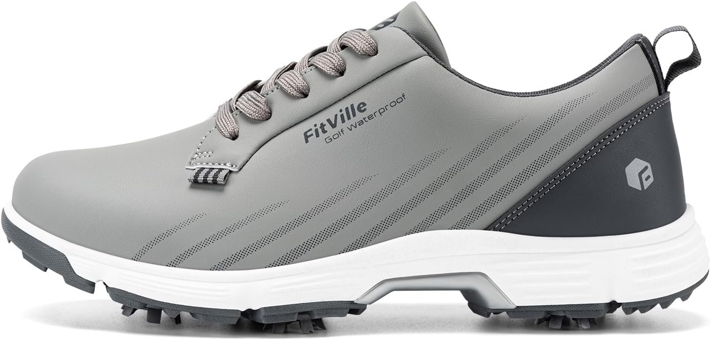 FitVille Waterproof Golf Shoes Mens with Replaceable Spikes, Professional No-Slip Spiked Golf Shoes Arch Support & High-Rebound Cushioning