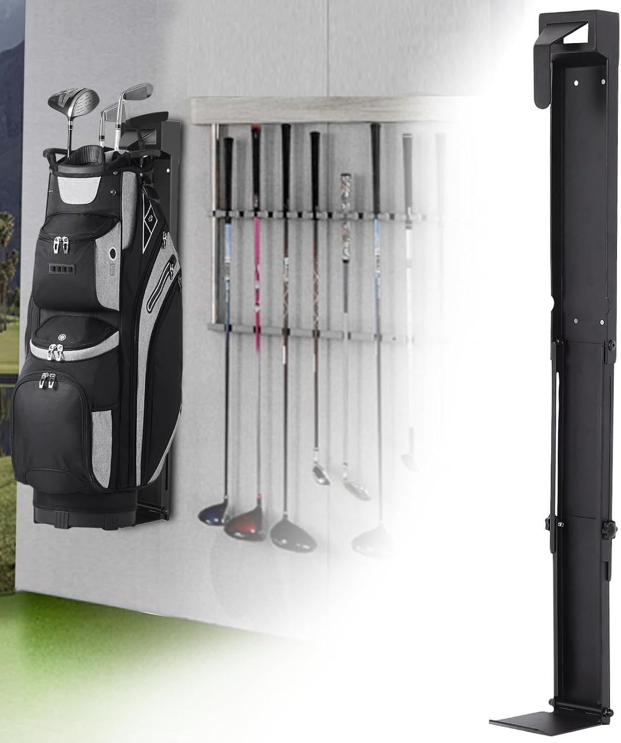 Wall Mount Golf Bag Storage Stand Organizer Rack for Garage, Golf Bag Holder for Wall, Slide Rail System Adjustable Retractable for Golfing Clubs, Home, Basement