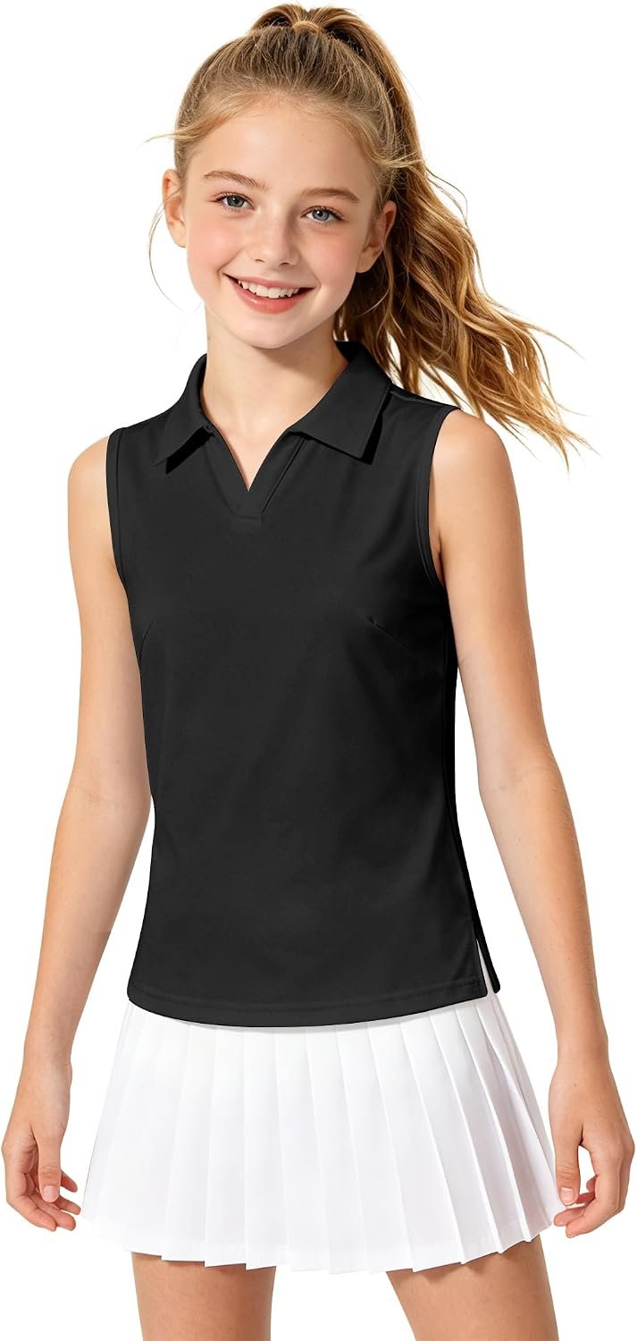 Auranso Girls Sleeveless Polo Shirts V-Neck Golf Tennis T-Shirts with Collared Quick Dry Tank Tops