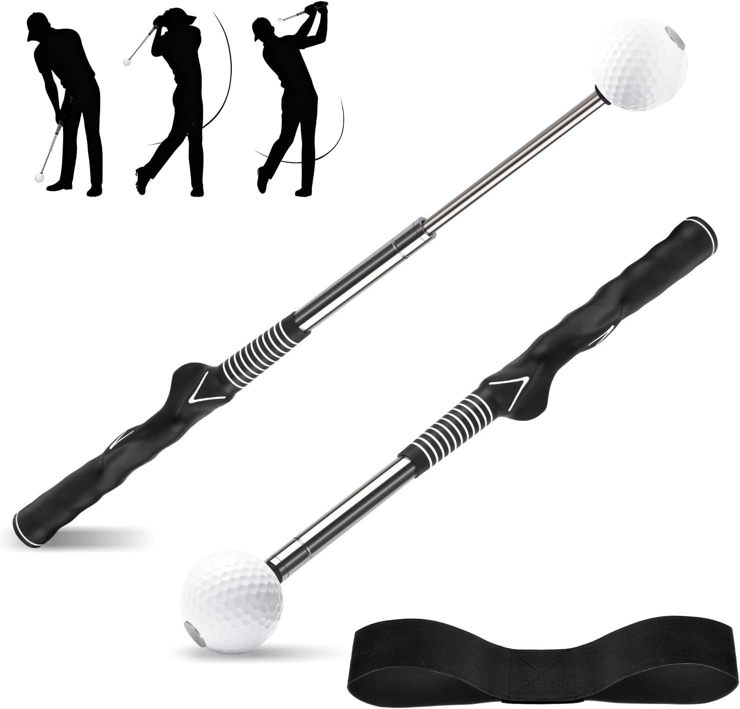 Retractable Golf Swing Trainer with Click Sound & Posture Correction Arm Band, Golf Grip Trainer for Right-Handed, Indoor & Outdoor Training Aid for Beginners to Pros