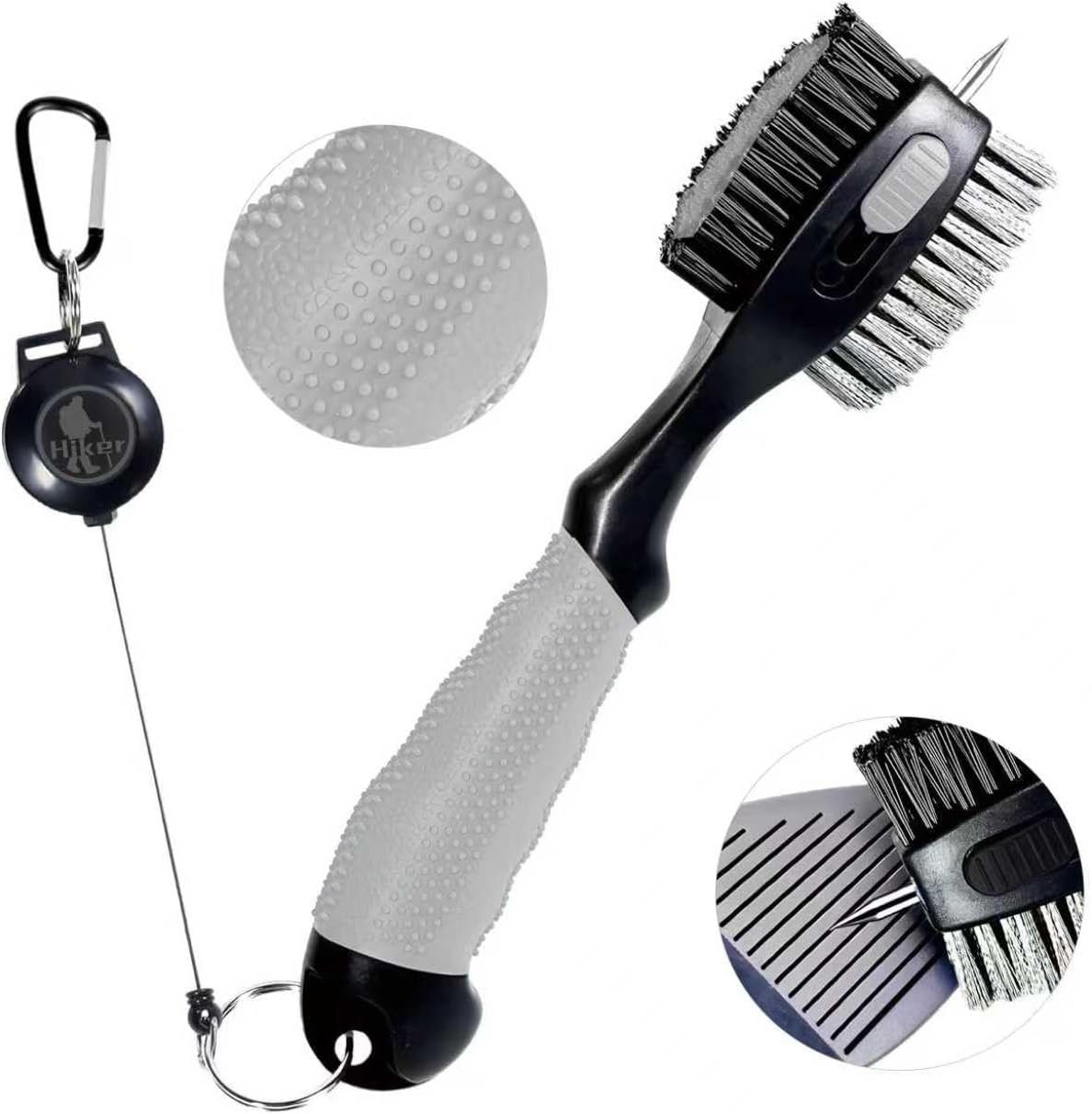 Hiker Golf Club Cleaning Brush with Groove Cleaner, Dual Sided Golf Club Brush, Oversized Wire and Nylon Brush Heads, 2ft Retractable Zipline Carabiner & Comfortable Rubber Grip Golf Accessories