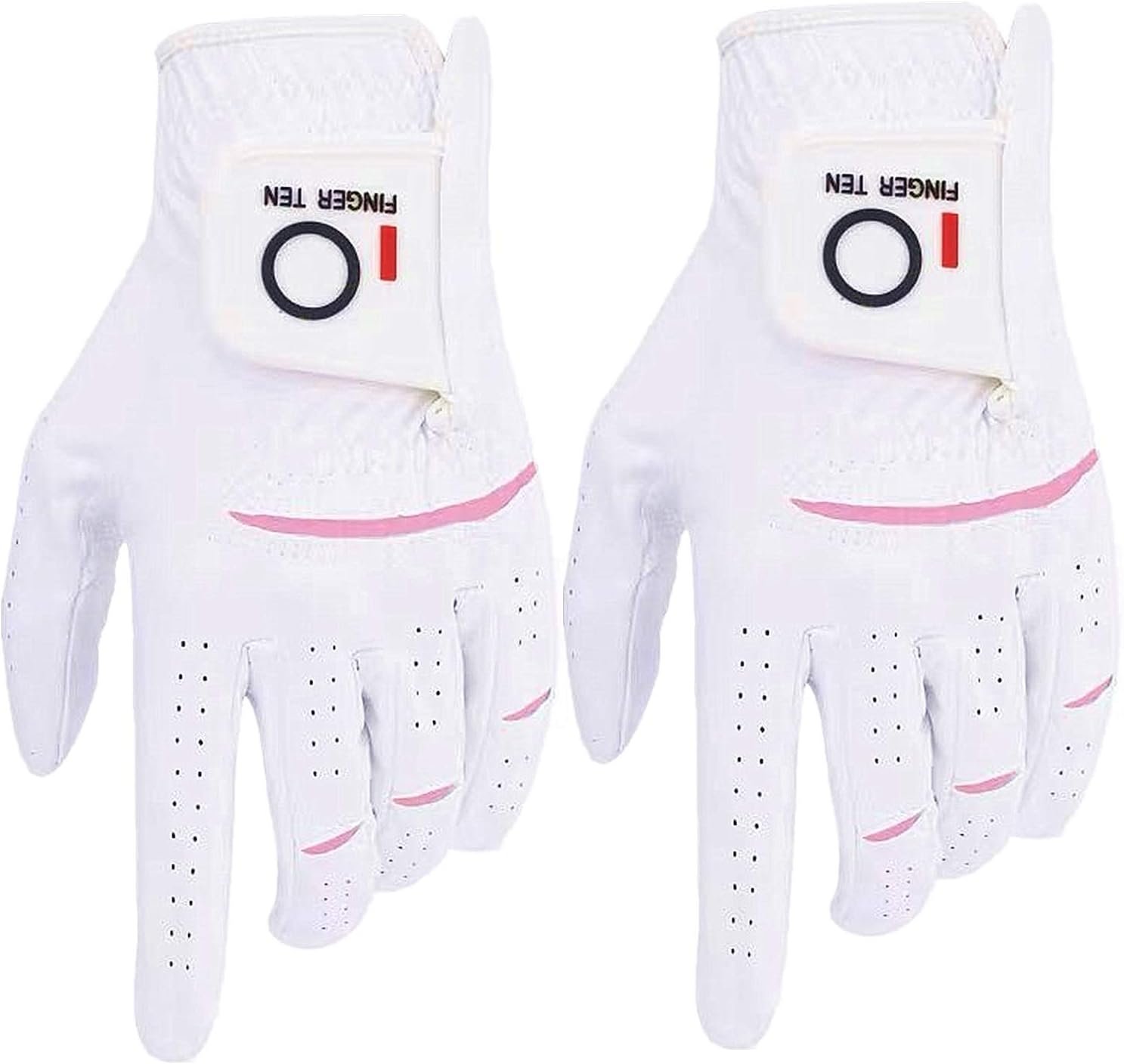 FINGER TEN Womens Ladies Golf Gloves Pair Both Hand or 2 Pack Left Right Hand, All Weather Grip & Comfortable Glove for Serious Performance, Stylish Pink White Fit S M L XL