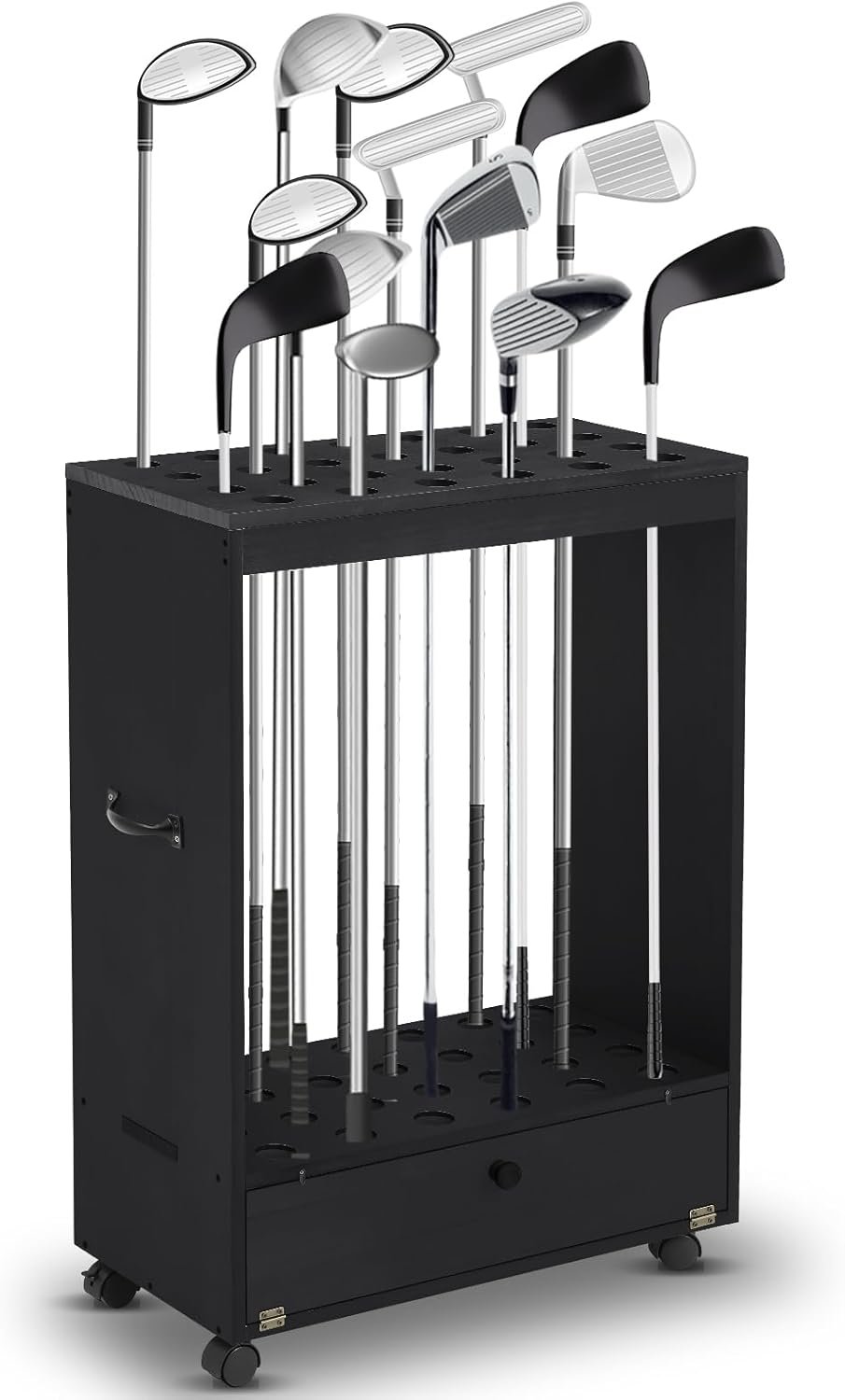 Silipull Golf Club Stand Holder Wooden Golf Club Organizer Putter Display Rack with Storage Drawer and Wheel for Indoor Home Office Simulator Garage