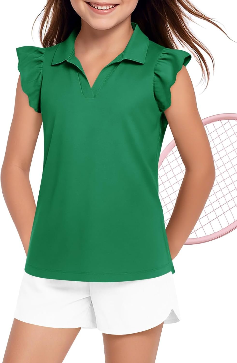 Haloumoning Girls Ruffle Short Sleeve Polo Shirt Kids V-Neck Golf Tennis Shirts Tops School Uniform Tees 5-14 Years