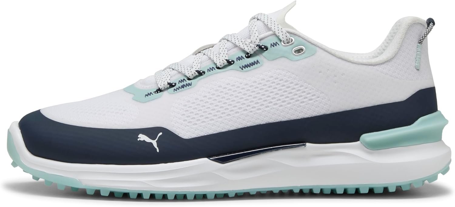 Puma Ignite Elevate X Men’s Golf Shoes – Spikeless Golf Shoes for Men with Waterproof Exoshell, Ignite Foam Cushion & Grip, White-Deep Navy-Modern Mint, 10.5