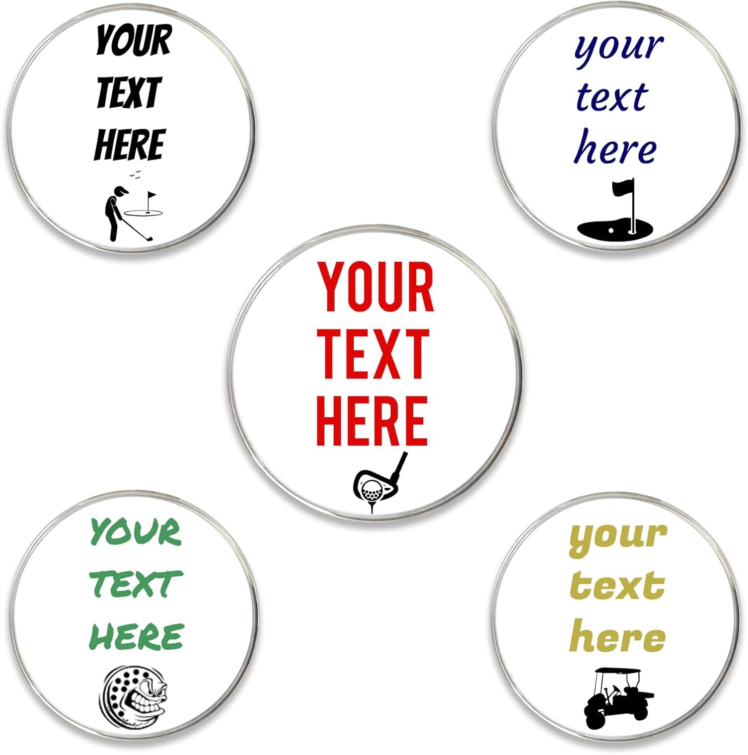 DA VINCI 5 Custom Metal Golf Ball Markers. Personalized with Your Text. Great Gift for Golfers. Printed in USA