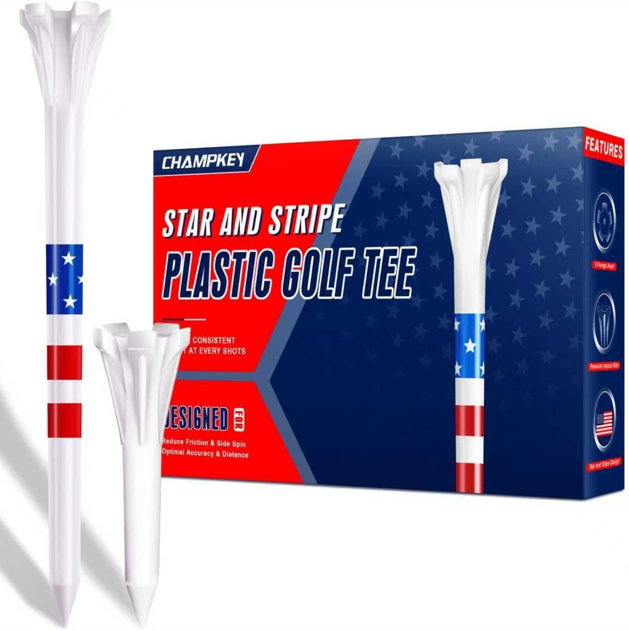 CHAMPKEY 5-Prong Plastic Golf Tees 120 Pack – Star and Stripe Marking System Golf Plastic Tees – Includes 100 Pcs 3-1/4″ and 20 Pcs 1-1/2″ Plastic GLF Tees