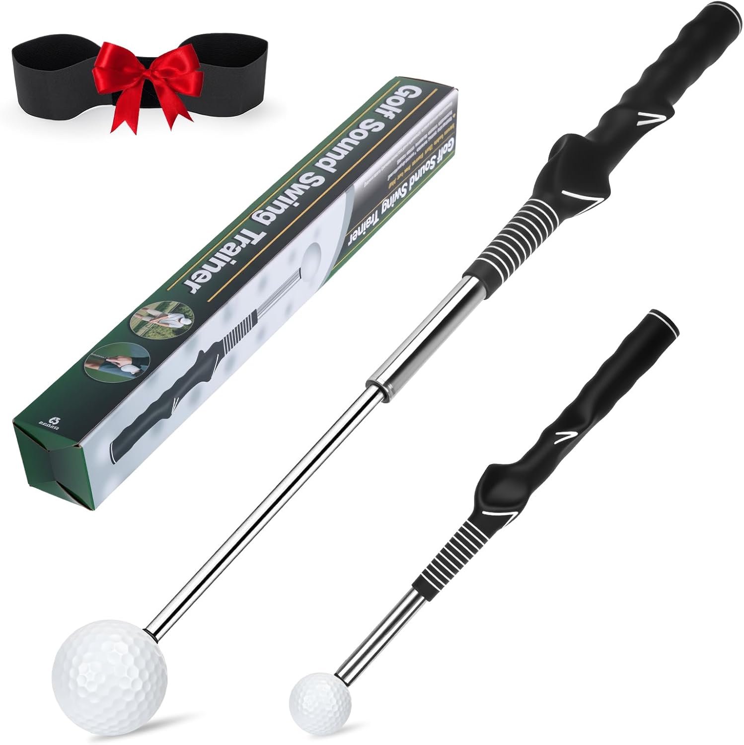 5-in-1 Retractable Golf Swing Trainer – Right/Left-Handed Golf Training Aid with Arm Band Swing Mechanics for Beginners & Tempo Training for Advanced, Click Feedback, Arm Connection