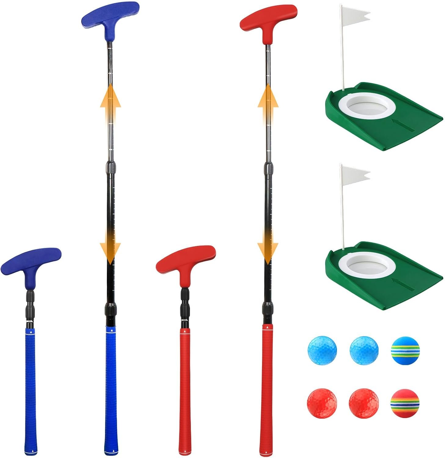 Adjustable Golf Putter, Mini Golf Set – 2 Golf Clubs with 6 Balls & 2 Cup with Flag, Two-Way Putter for Right & Left Handed, Battle Golf for All Heights & Beginners, Indoor & Backyard Mini Golf