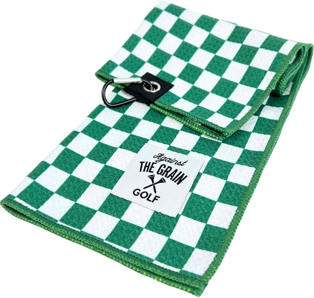 Against The Grain Microfiber Golf Towel with Clip – (12″x20″) Green & White Checkered Design Golf Club Towel, Golf Towels for Golf Bags for Men & Women