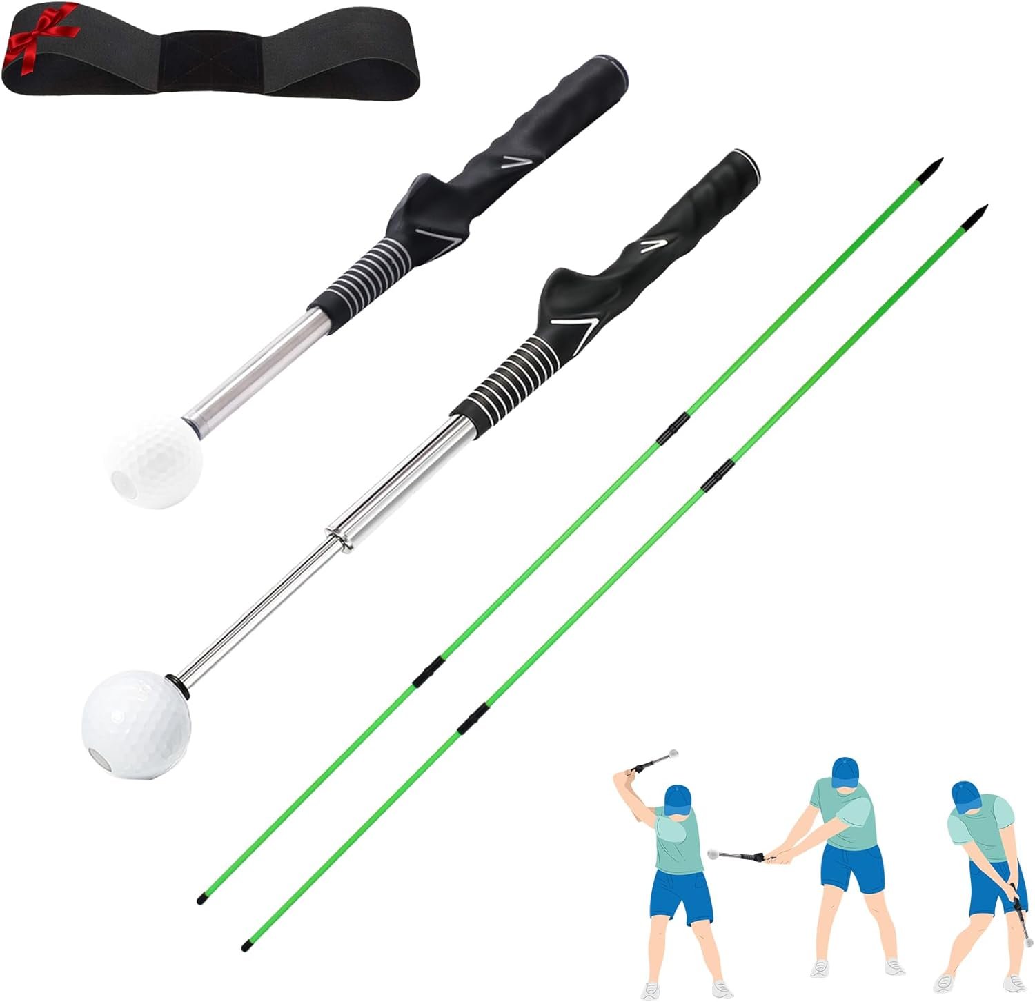 Retractable Golf Swing Trainer with 2 Alignment Sticks – Training Aid for Grip, Strength & Tempo, Swing Mechanics, Arm Band, Indoor/Outdoor Practice, Right/Left Handed