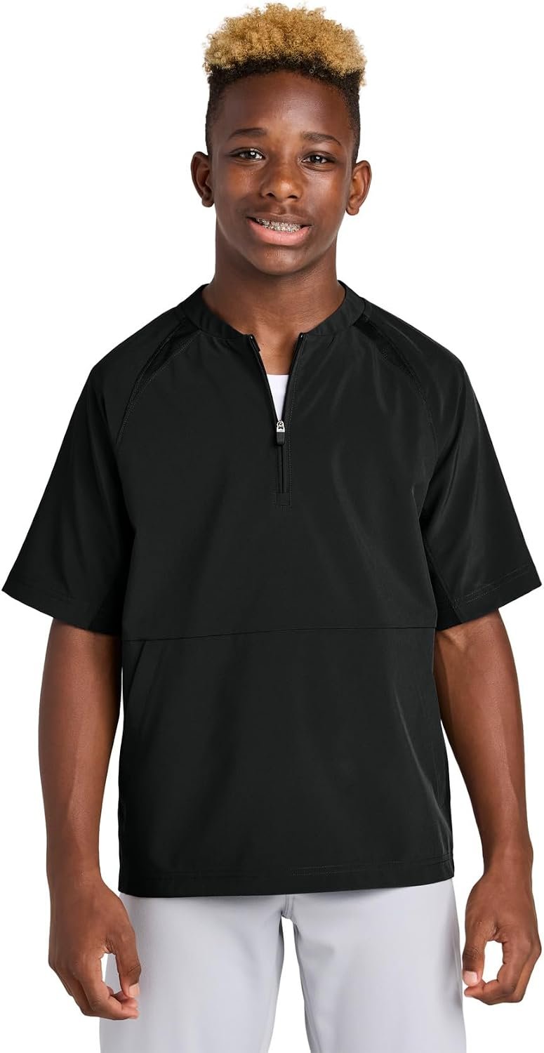 SPORT-TEK Youth Repeat 1/2-Zip Short Sleeve Jacket – Lightweight Short Sleeve Pullover for Boys & Girls, Front Side Pockets