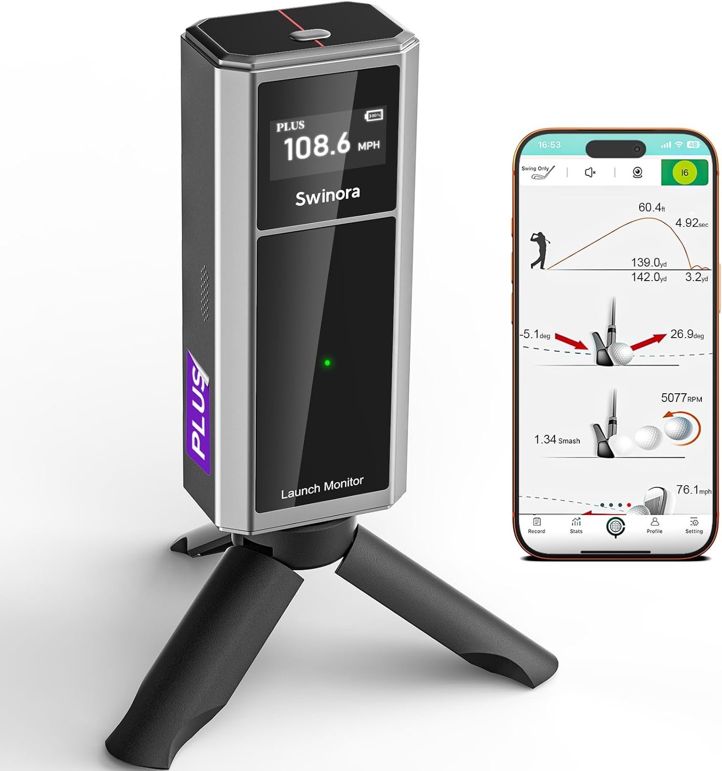 Golf Launch Monitor & Simulator: Portable Swing Analyzer with 13 Metrics, 3D Driving Range, 3D Trajectory & Video Record for iOS/Android