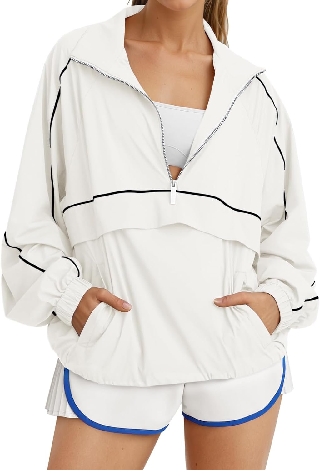 Fisoew Quarter Zip Pullover Women UPF 50+ Lightweight Windbreaker Jacket Running Hiking Outdoor Pullover with Pocket