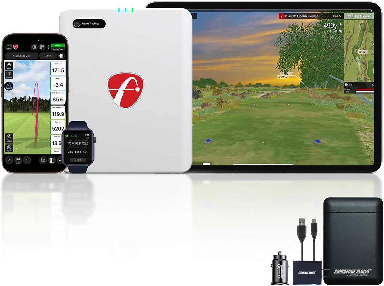 FlightScope Mevo Gen2 Portable Golf Launch Monitor and Simulator | 18 Swing Data Parameters, 8 E6 Simulation Courses, GPS Overview and Shot Tracer | Indoor and Outdoor, Signature Series Power Bundle