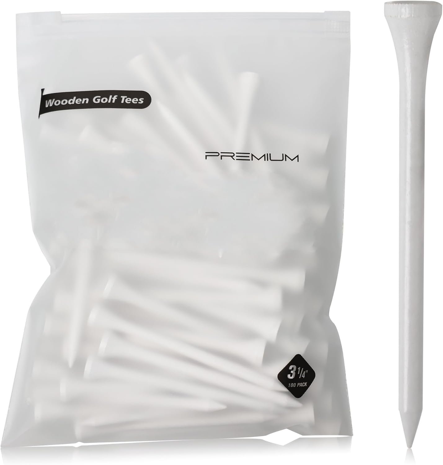 3-¼ inch Pro Wood Golf Tees | 100 Count | Resealable Bag | Natural Sustainable Bamboo Material | Tall White Wooden Tees | Perfect for Every Tee Shot