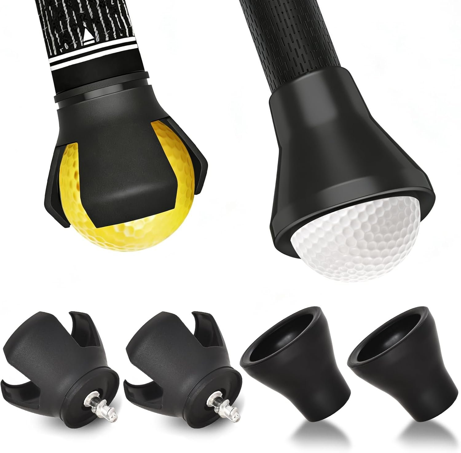 Golf Ball Retriever Set, 4pcs (2X 3-Prong and 2X Suction Cup) Golf Ball Grabbers for Putter End, No Bending, Quick Install, Durable Golf Accessories for Seniors & Golf Lovers